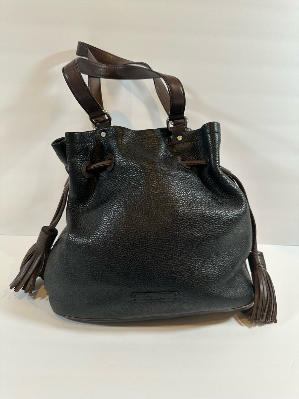 Cole Haan Black Pebbled Leather Drawstring Shoulder Bag with Brown Trim